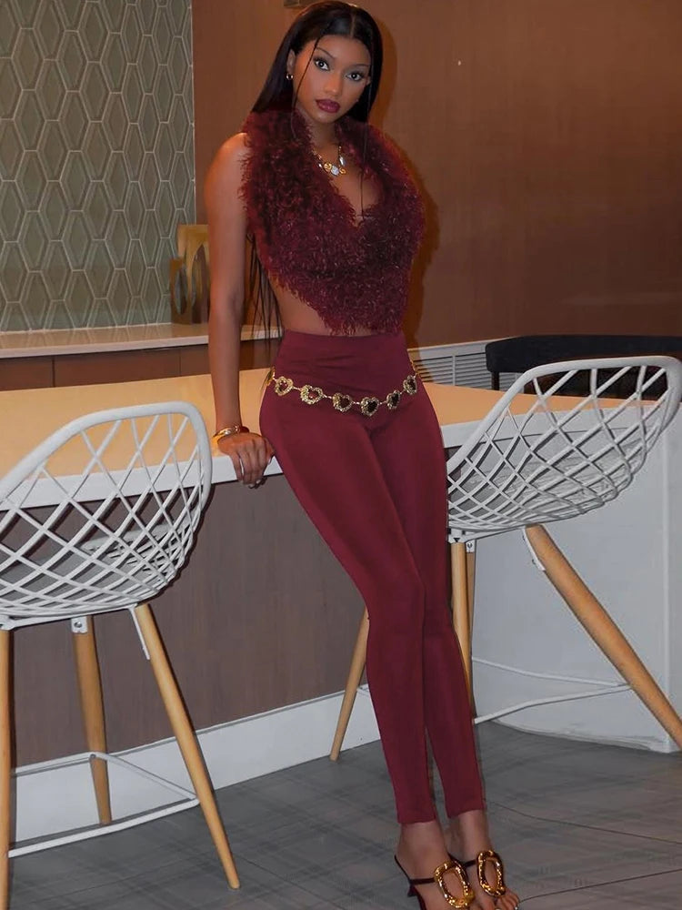 Sexy 2 Piece Set Women Tracksuit Hipster Backless Halter Furry Tank Tops+Leggings Matching Streetwear Fashion Outfits