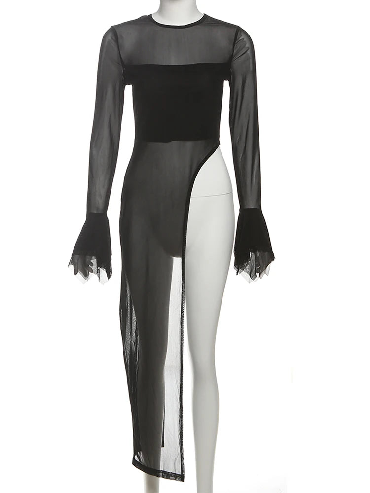 Sexy Irregular Hem T-Shirt Women Patchwork o-Neck Flared Sleeves Summer Midnight Sexy Hottie Fashion Split Long Tops