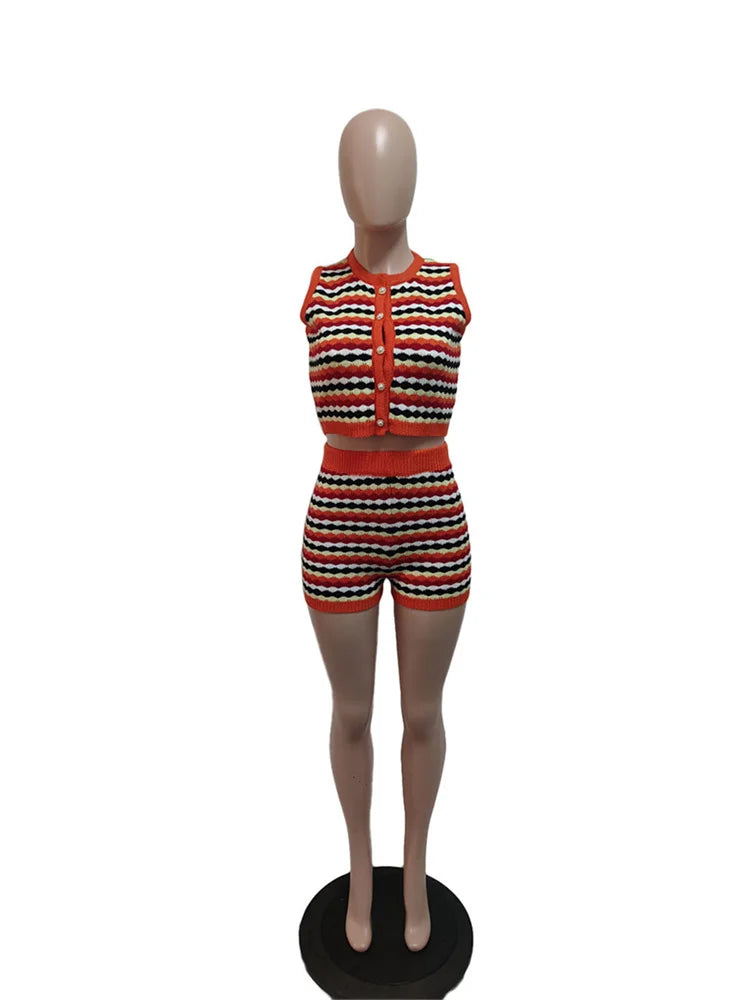 Crochet Stripe 2 Piece Set Women Single-Breasted Sleeveless Crop Tops+Skinny Shorts Street Fashion Style Classic Suit