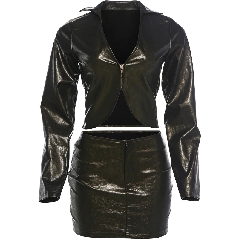 Hottie Leather 2 Piece Set Women Fashion Single-Breasted Low-Neck Full Sleeve Jacket+Mini Peach Hip Skirt Streetwear