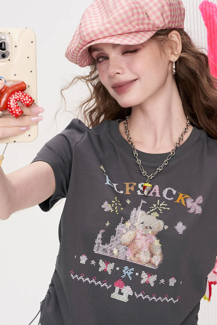 Y2K Cartoon Print Crop T-Shirt Short Sleeve Ruched Side Slim Fit Tee for Women