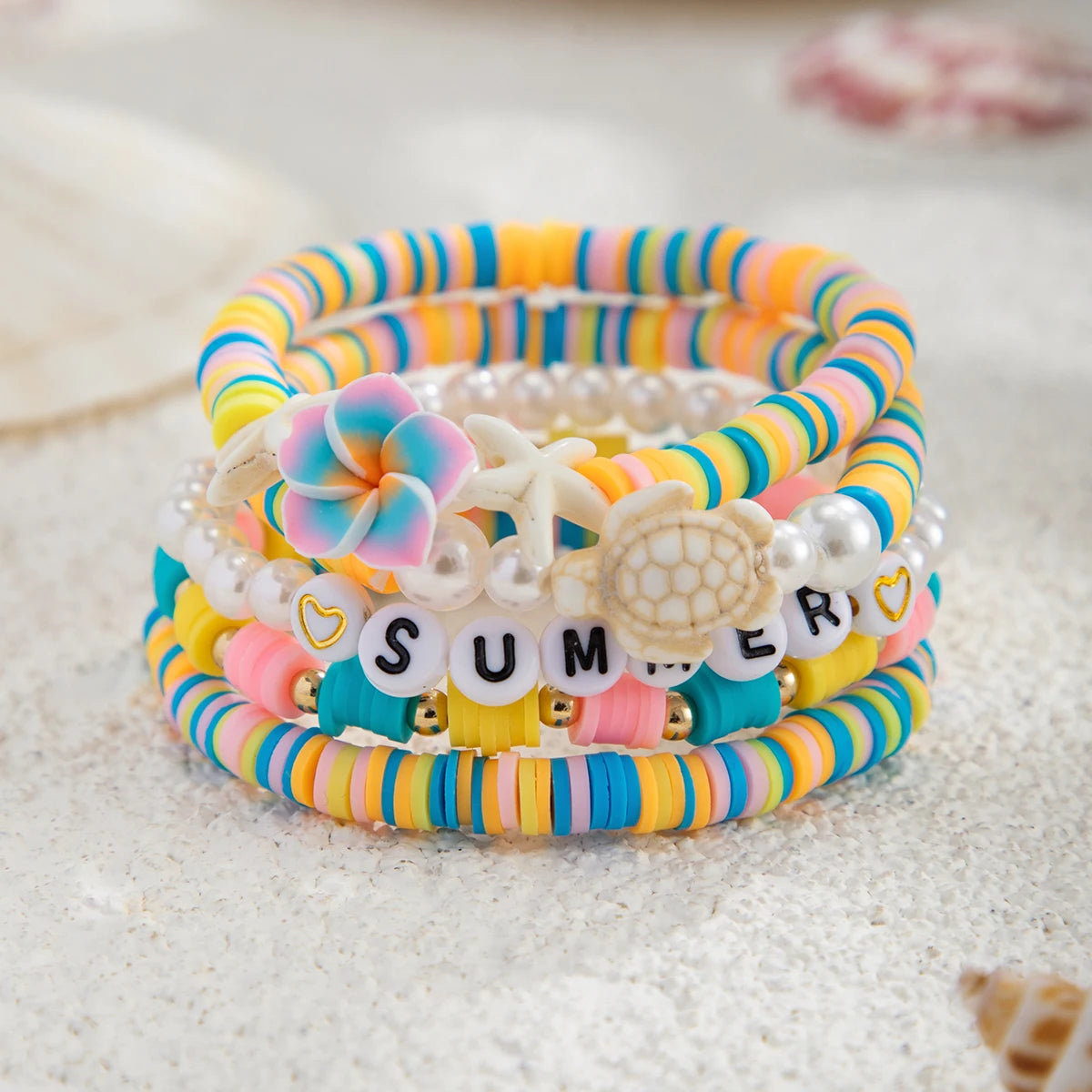 5Pcs/Set Romantic Tiny Flower Plastic Turtles Chain Bracelets Women Boho Polymer Clay Charm Bangles Y2K Summer Jewelry