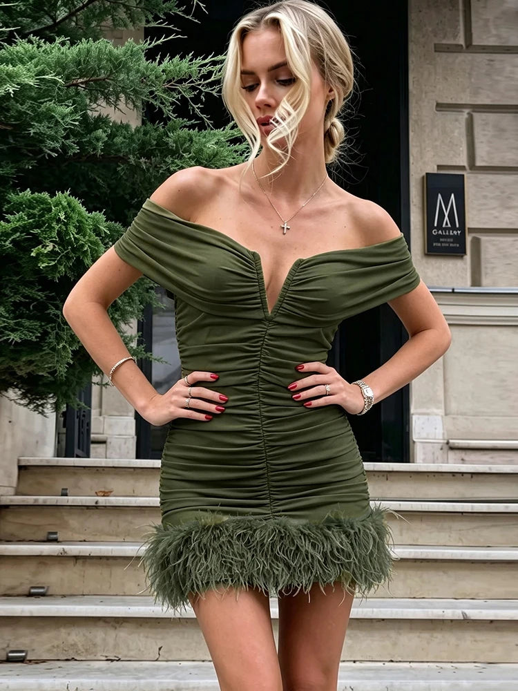 Sexy Furs Patchwork Dress Women Fashion Slash Neck Ruched Peach Buttocks Elegant Chic Evening Party Club Mini Bodycon