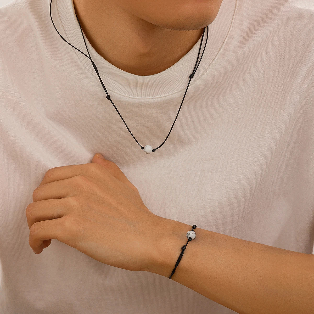 2Pcs Goth Simple Black Leather Wax Thread Chain Necklace Bracelet for African Men Stone Beads Choker Male Jewelry Set