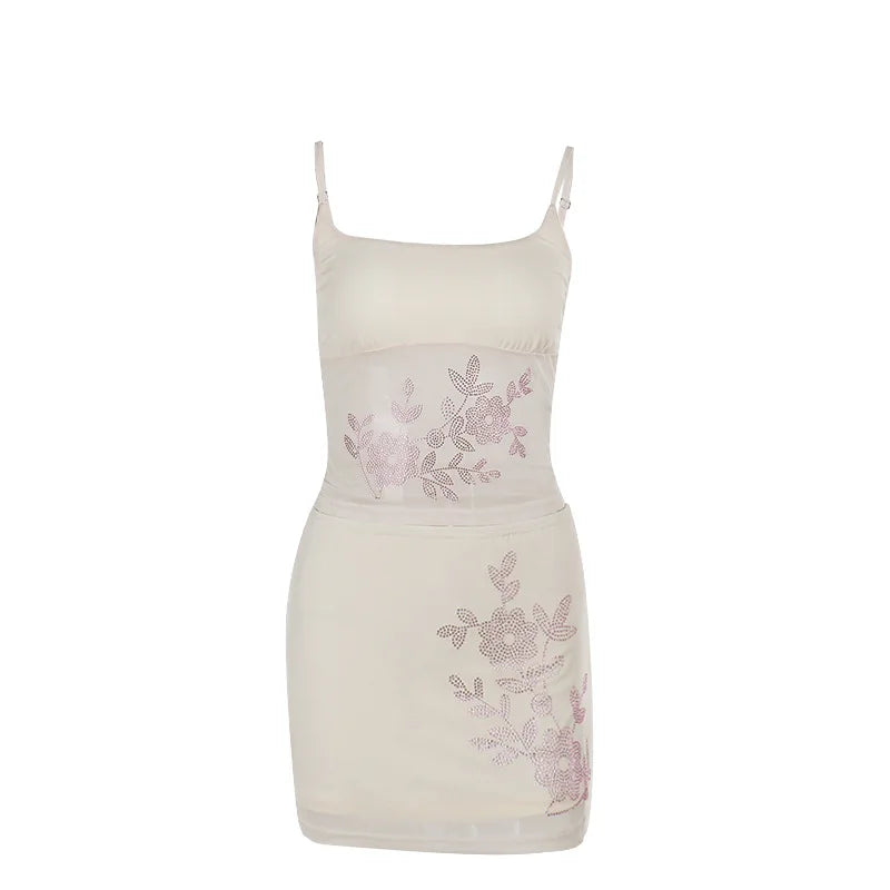 Matching 2 Piece Sets Womens Rhinestone Mesh Mini Skirt and Top Sexy Trendy Outfits Women Summer Clothes 2025