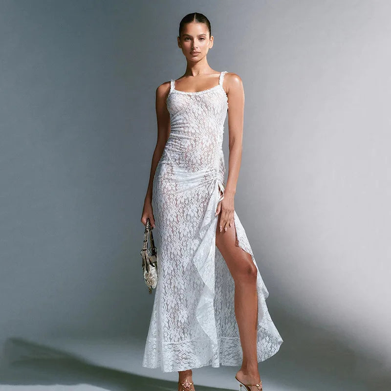 Sexy See Through Lace White Dress Party Night Elegant Ruffle High Split Maxi Long Dresses Summer Y2k Fairycore