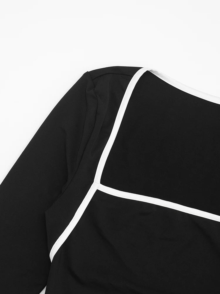 Casual Tracksuit 2-Piece Set Women White Edge Square Collar Crop Top+Leggings Fitness Stretch Slim Matching Outfits