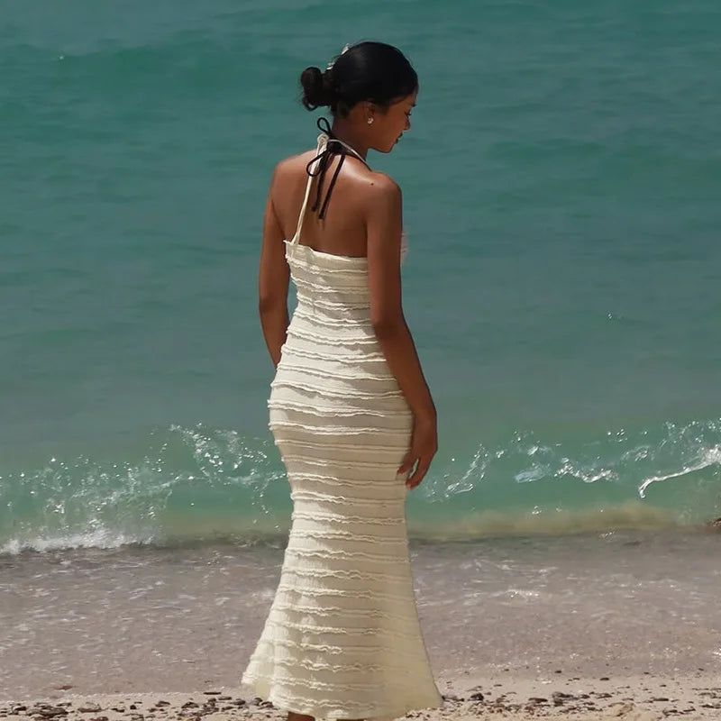 Halter Backless Frilly Long Dresses Vacation Outfits Woman Elegant Sexy Beach Dress Boho Chic Clothes 2025