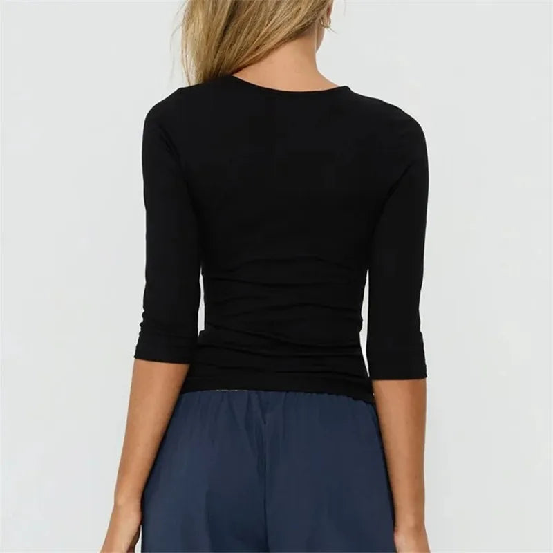 Women Keyhole Cutout Neck 3/4 Sleeve Crop Top Slim Fitted Solid Crew Neck Button Detail T Shirt Y2K Casual Streetwear