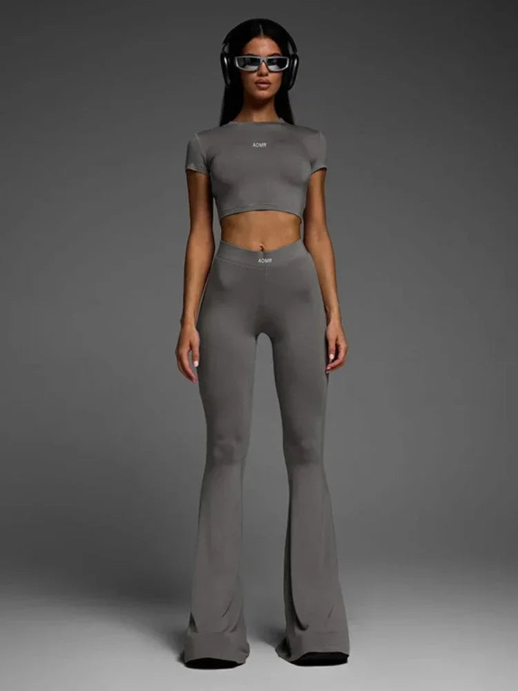 Basic Casual 2 Piece Sets Womens Outfits Top and Leggings Grey Flare Pants Matching Sets Fitness Y2k Clothing