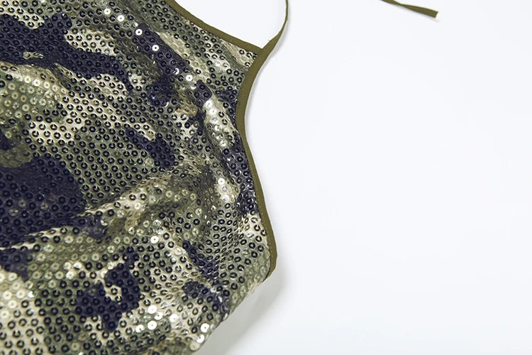 Camouflage Sequins Camisole Women Halter Lace-Up Backless Sleeveless Sexy Street Midnight Daily Summer Trend Tops