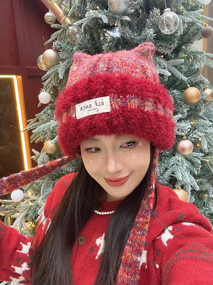 Cute Sweet Cat Ear Pom Pom Plush Warm Knit Beanie For Women