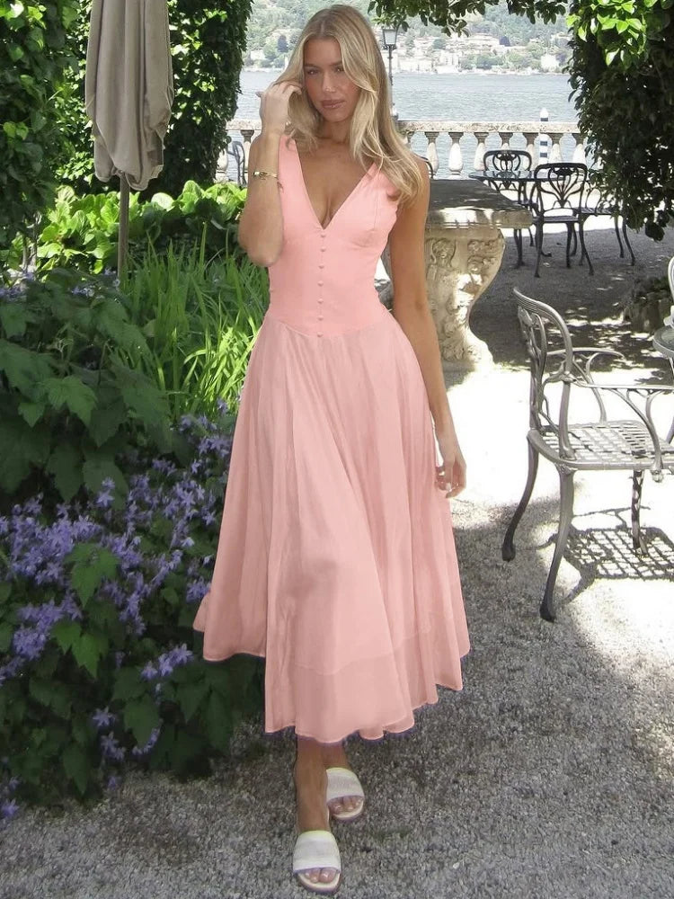 V-neck Sleeveless Long Dresses Chiffon Patchwork Pink French Style Elegant Dresses for Woman Clothing