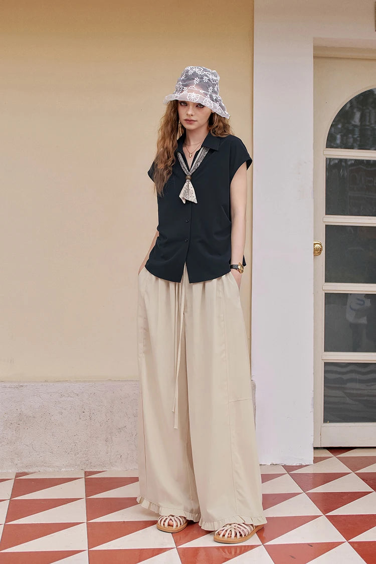 Sleeveless Button-Up Shirt with Scarf Tie, Slim Fit Office Blouse, Elegant Solid Color Workwear Top for Women