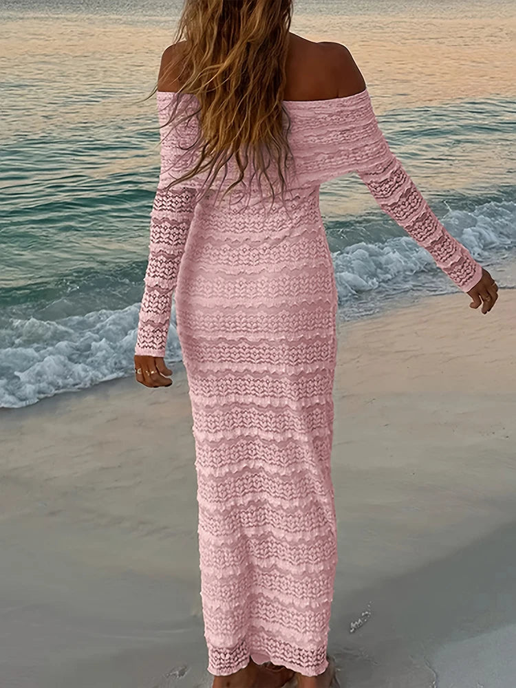 Sexy See Through Maxi Dress Women Lapel Slash Neck Backless Full Sleeve Vacation Beach Party Elegant Skinny Vestidos