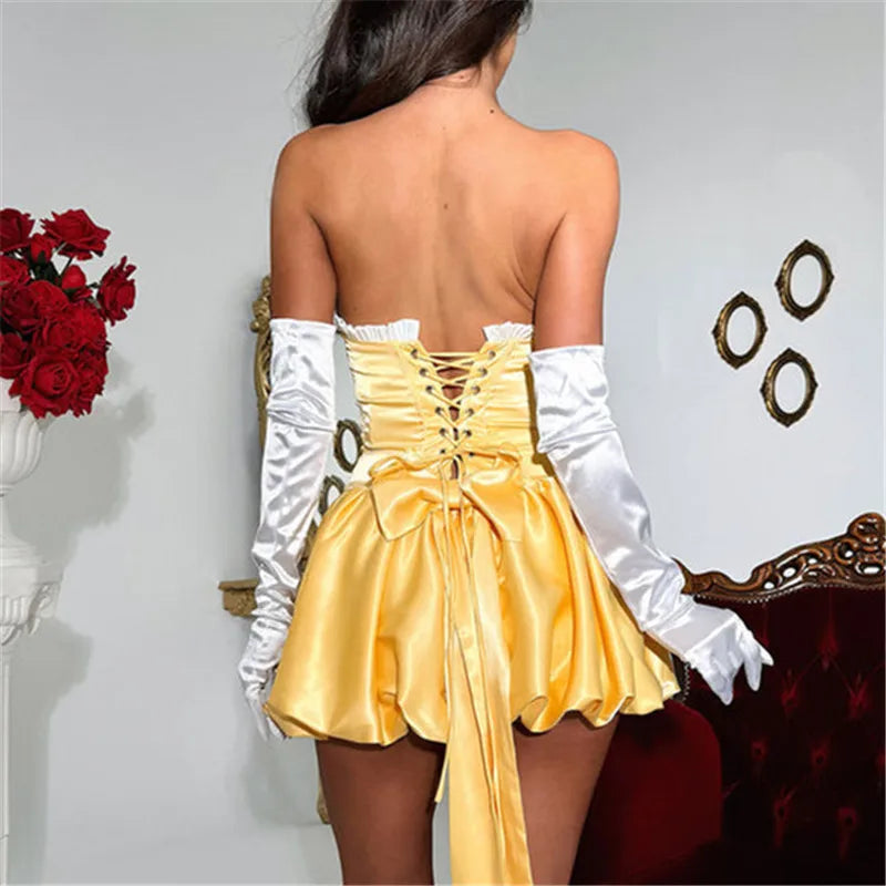 Women Mini Bandeau Dress Off Shoulder Strapless Ruffle Trim Back Bandage Ball Party Night Gown Sexy Ladies Clubwear