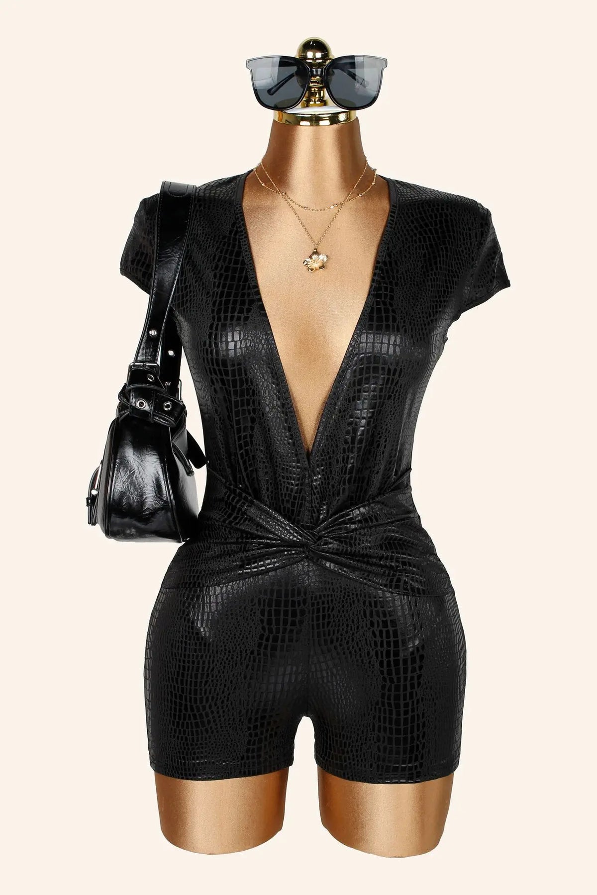 Women Crocodile Faux Leather Deep V Twist Front Romper Short Sleeve Tight Bodycon Jumpsuit Sexy Night Club Outfit