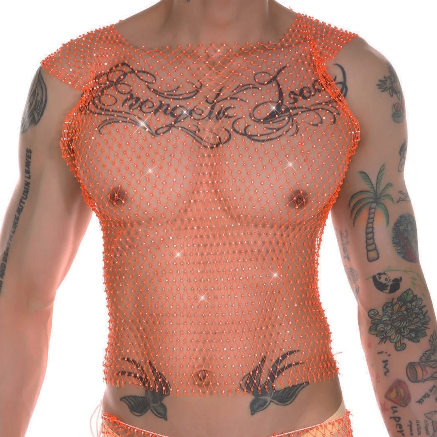 Men Fishnet Sexy Tank Tops Man Rhinestone Shiny See-Through Hollow Vest Mesh Sleeveless T-Shirt Transparent Clothing Clubwear