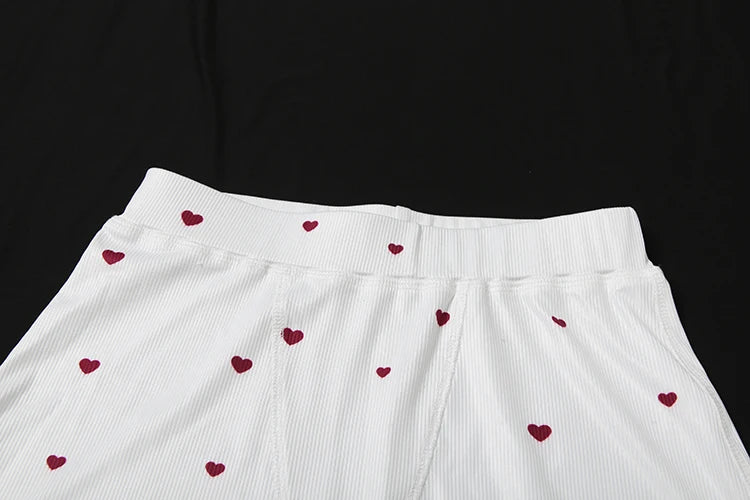 Heart Print 2 Piece Set Women Square Collar Sleeveless Crop Tops+Stretch Shorts Sweet Girls Casual Fashion Outfits