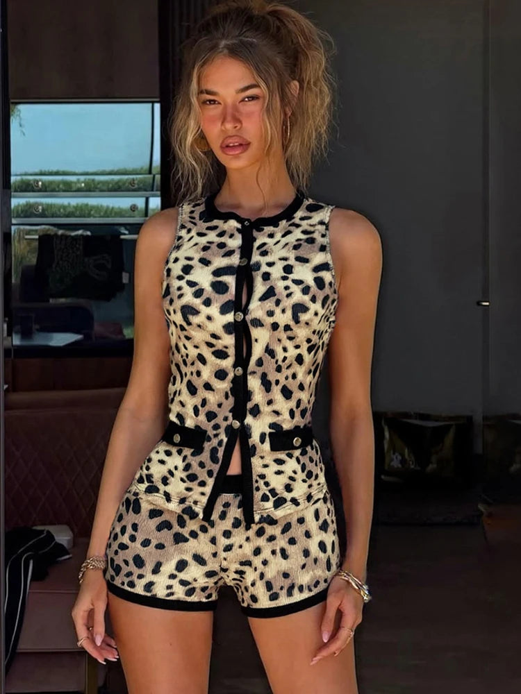 Patchwork Ribbed 2 Piece Set Women Sleeveless Single-Breasted Tops+Stretch Shorts Daily Casual Trend Classic Outfits