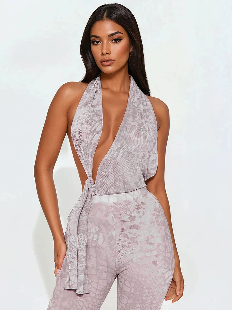 Serpentine Print Jumpsuits Women Irregular Hollow Halter Low-Neck Ruched Knot Backless Skinny Peach Buttocks Overalls