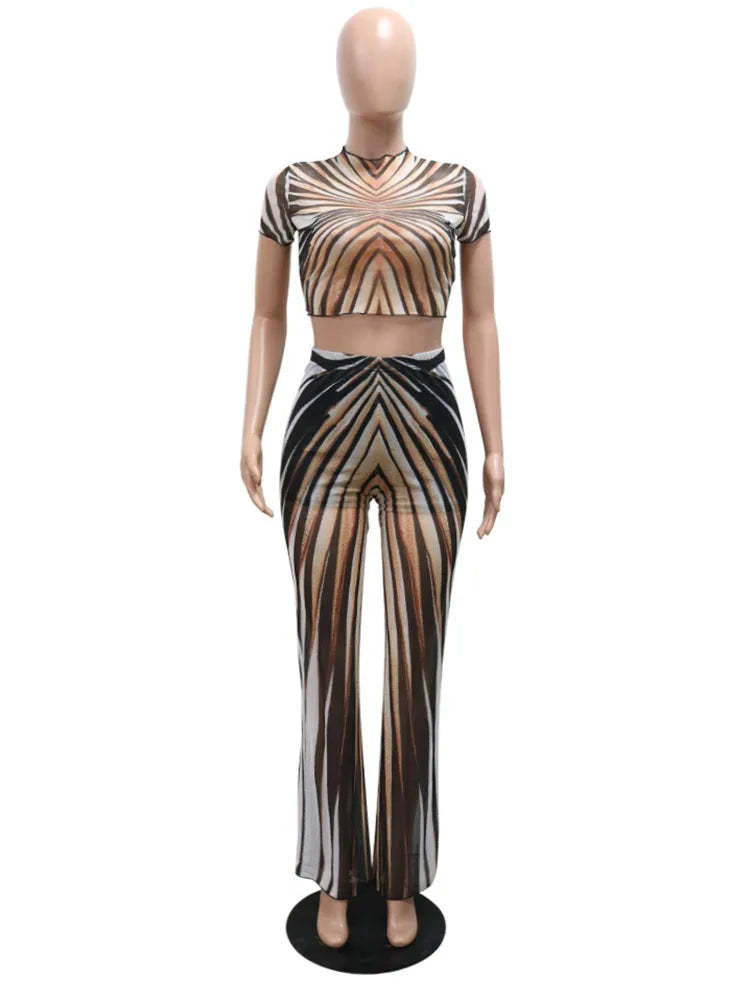 See Through Women 2Piece Set Sexy Stripe Print Summer Trend Shorts Sleeve Crop Tops+Flare Pants Matching Club Outfits
