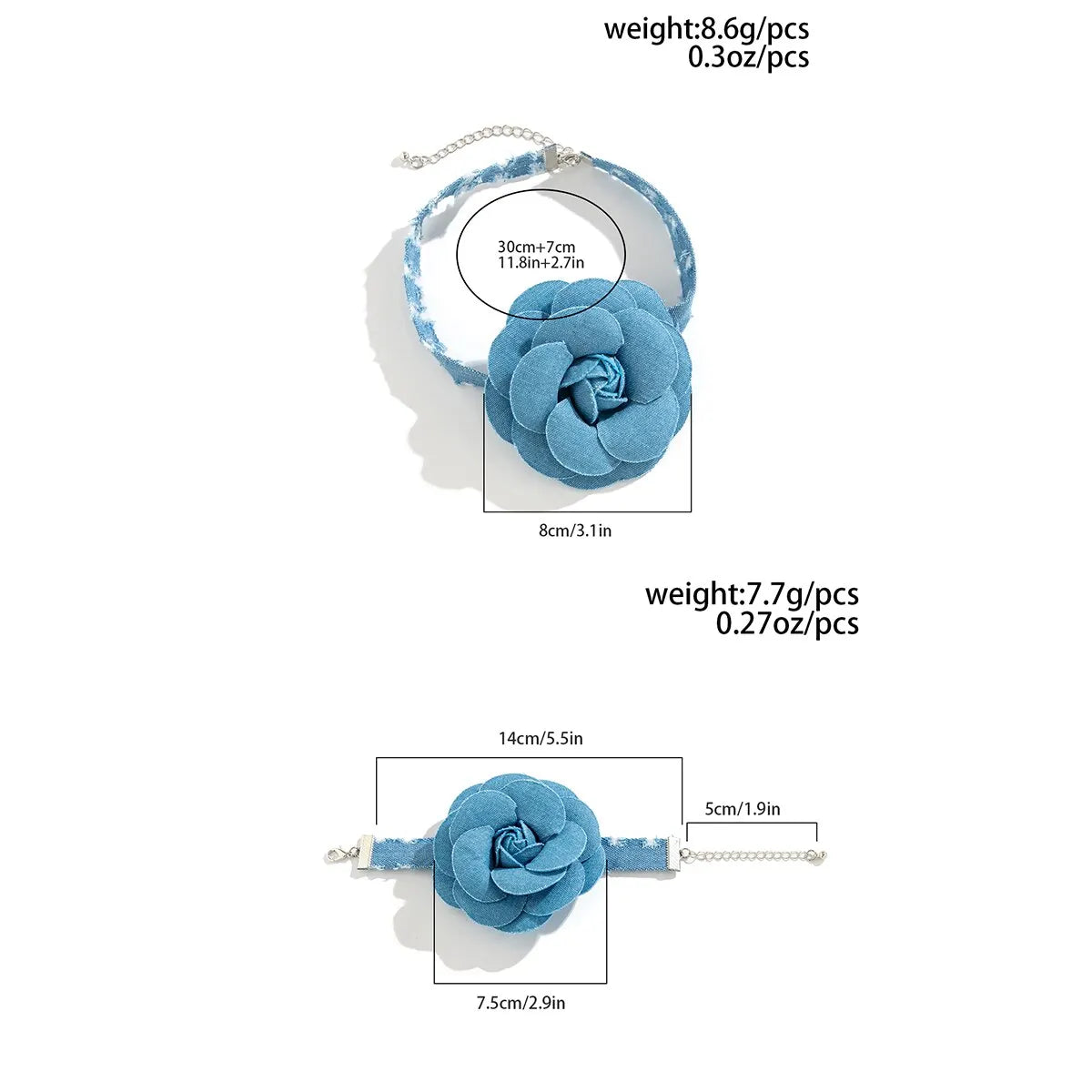 Exaggerated Romantic Blue Denim Big Rose Flower Clavicle Chain Necklace Bracelet for Women Elegant Short Choker Y2K Jewelry Set