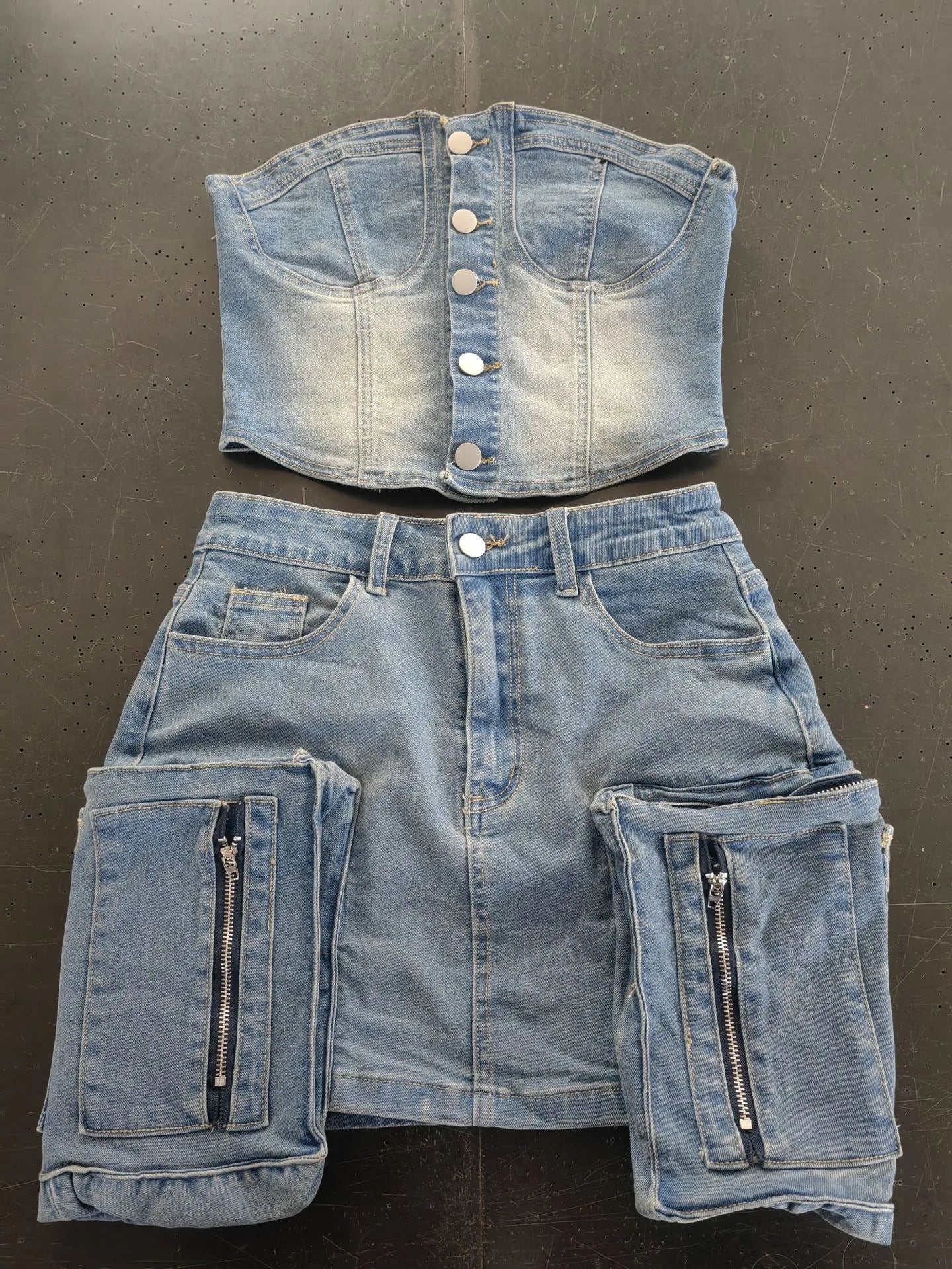 Denim Y2K Women 2 Piece Set Hipster Frock Pocket Strapless Tops+Peach Hip Skirts Matching Clubwear Vintage Outfits