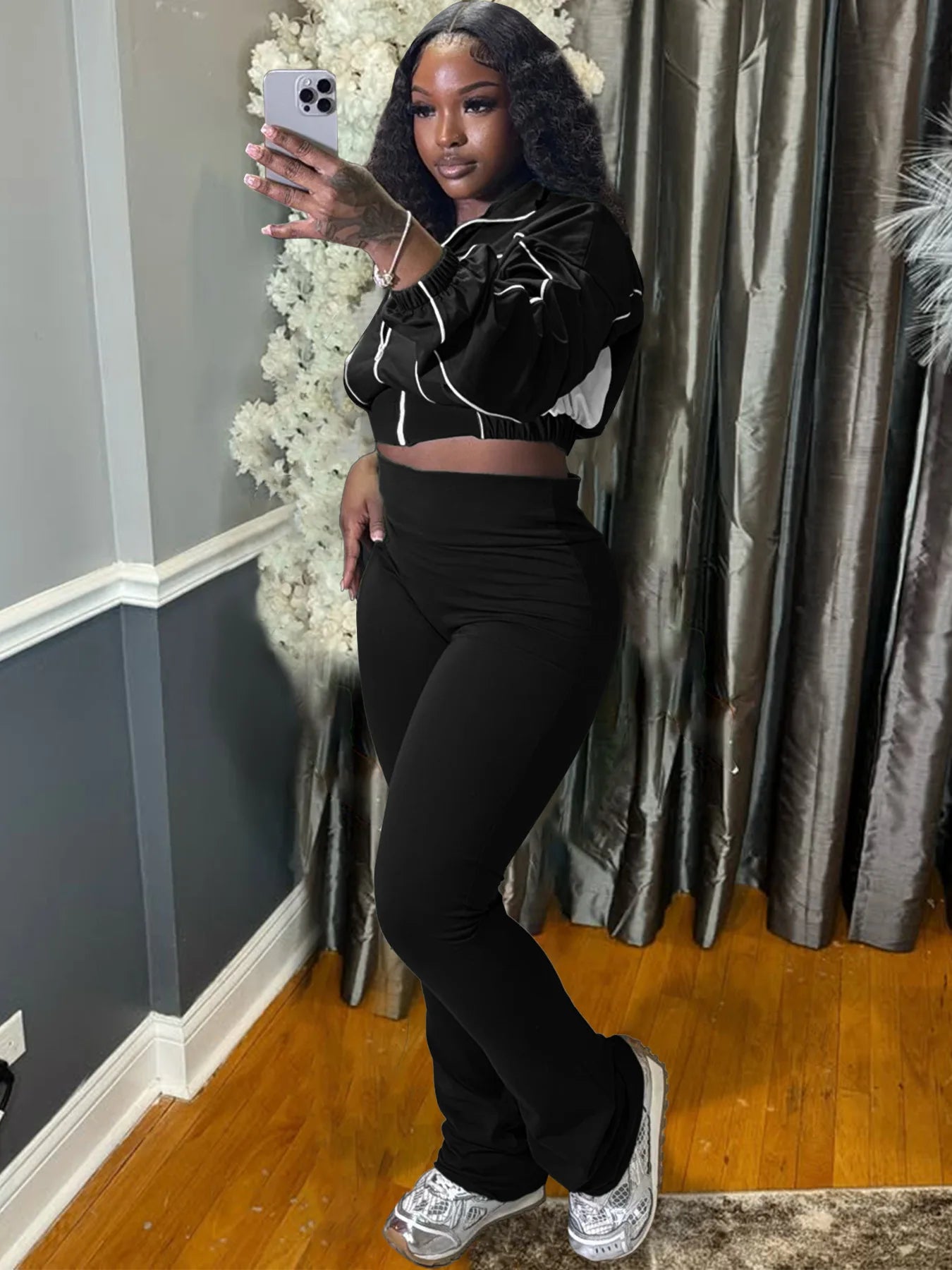 Casual 2 Piece Set Women Tracksuit Patchwork Full Sleeve Zip Elastic Hem Crop Jacket+Flared Pants Sporty Streetwear