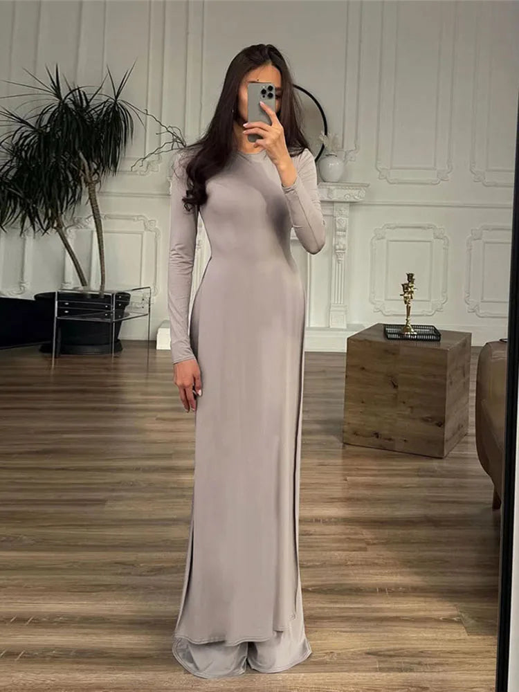 Casual Elegant 2 Piece Set Women o-Neck Skinny High Splits Maxi Dress+Solid Straight Pants Daily Simple Fashion Suit