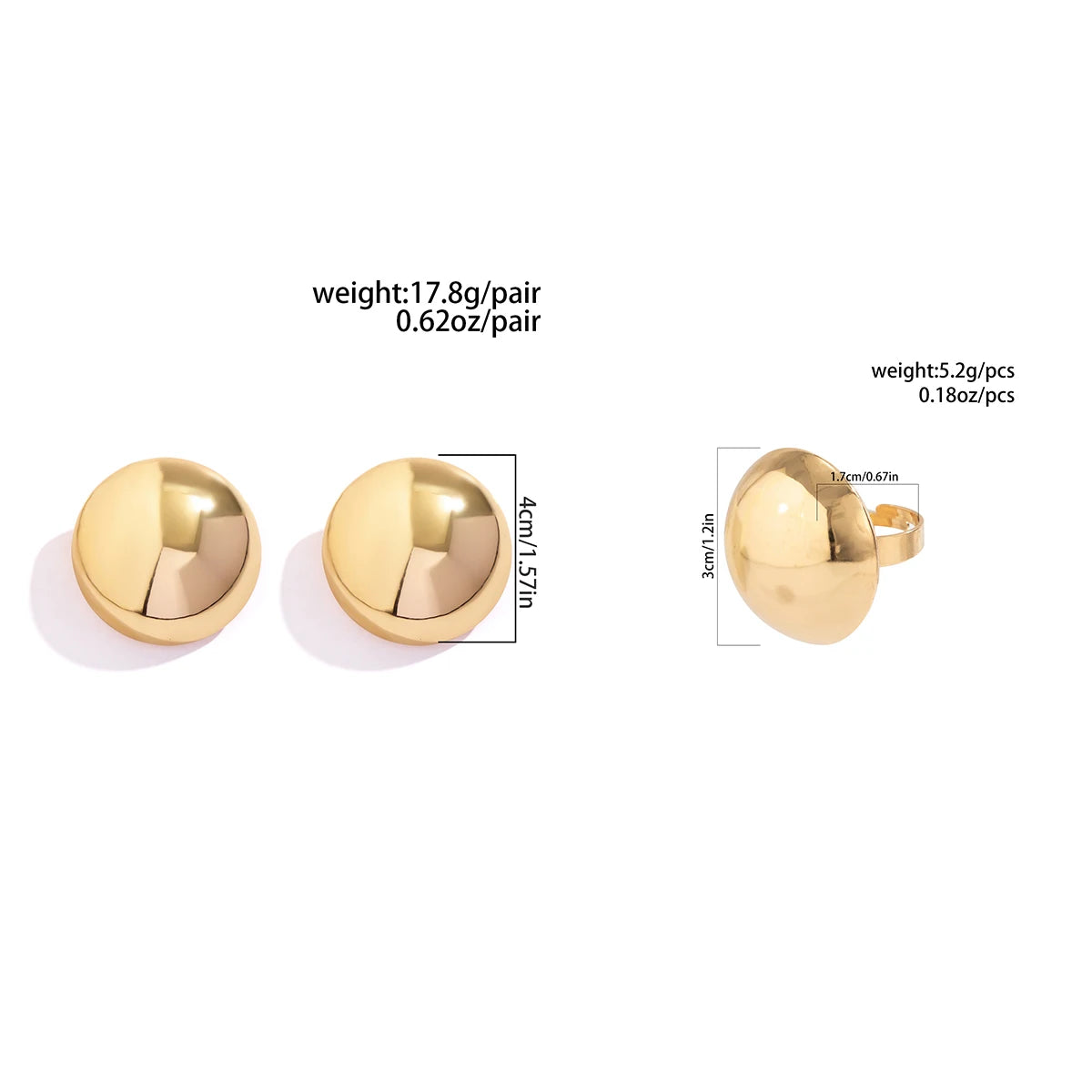 2Pcs Unique Smooth Round Big Ball Metal Stud Earrings Women Classic Vintage Rings Pierced Earring Steampunk Jewelry Set