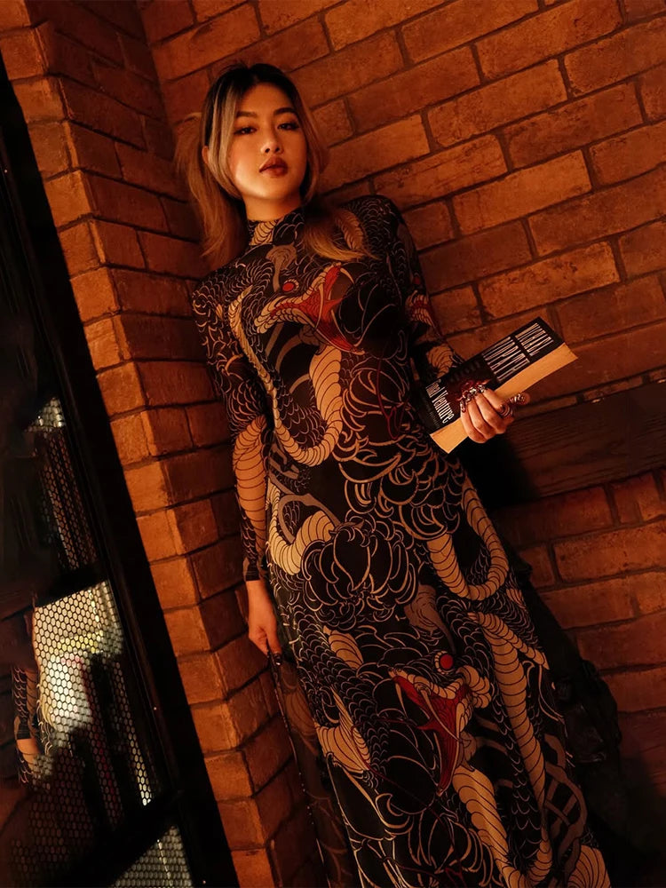 See Through Maxi T-Shirts Women Snake Print Turtleneck Full Sleeve High Split Elastic Sexy Coquette Skinny Clubwear