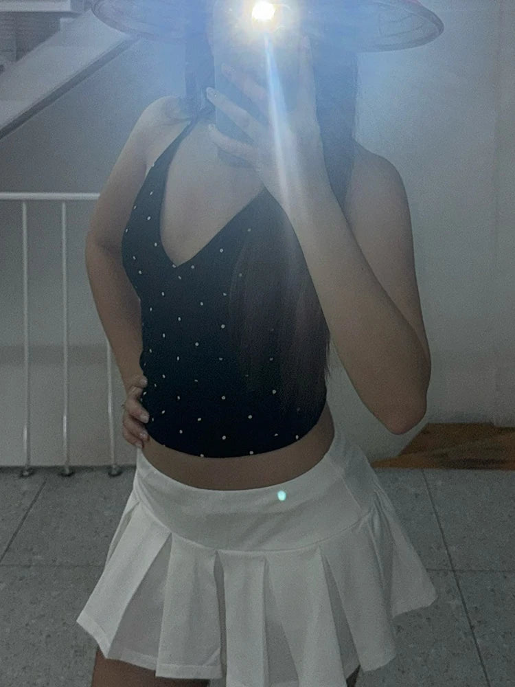 Polka Dot Print Tank Tops Women V-Neck Halter Lace-Up Backless Sleeveless Skinny Sexy Daily Street Summer Basic Vest