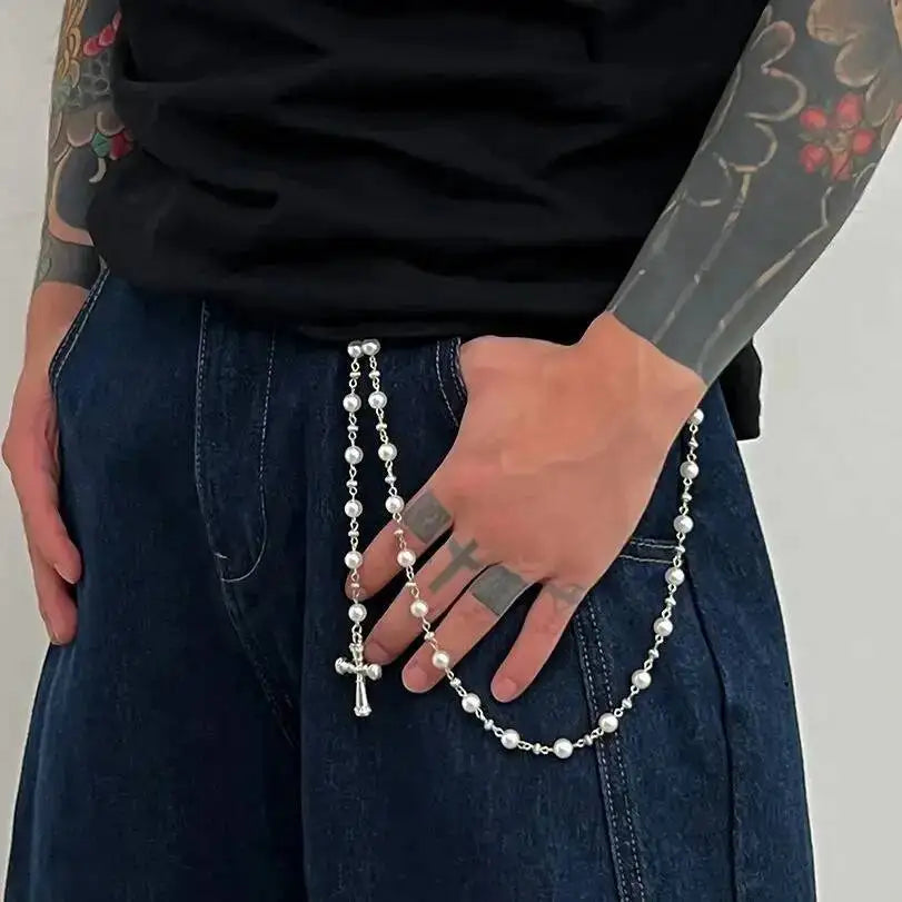 Creative Cross Pendant Imitation Pearl Keychain Wallet Belt Chain for Men Women Trousers Hipster Jeans Chain Jewelry