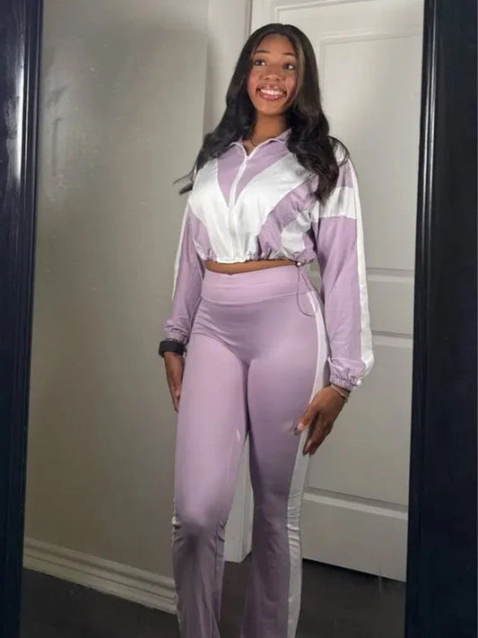 Contrast Patchwork Tracksuit 2 Piece Set Women Zipper Cardigan Jacket+Skinny Pants Casual Fashion Simple Sporty Suit