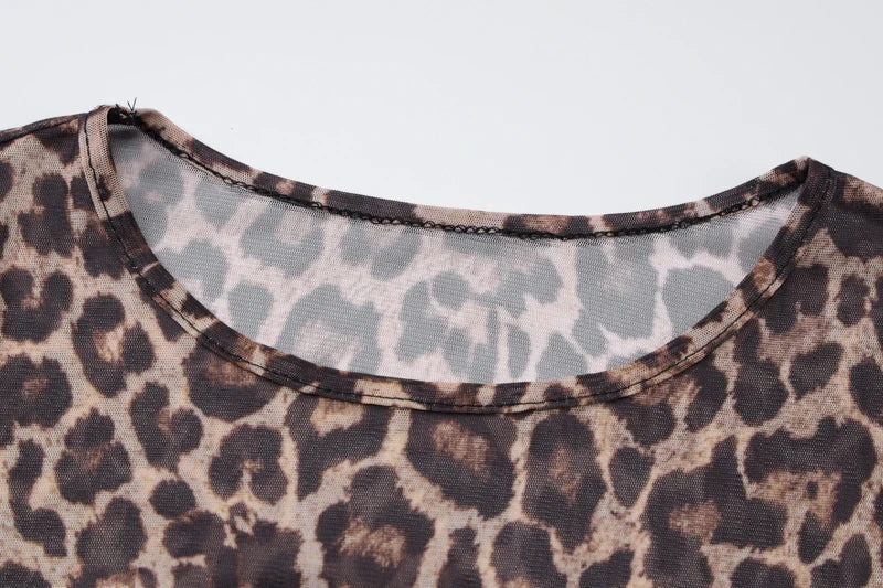 Leopard Print Mesh Long Sleeve Sexy Slim See Through Maxi Dress Summer Women Fashion Outfits Beach Vacation Club