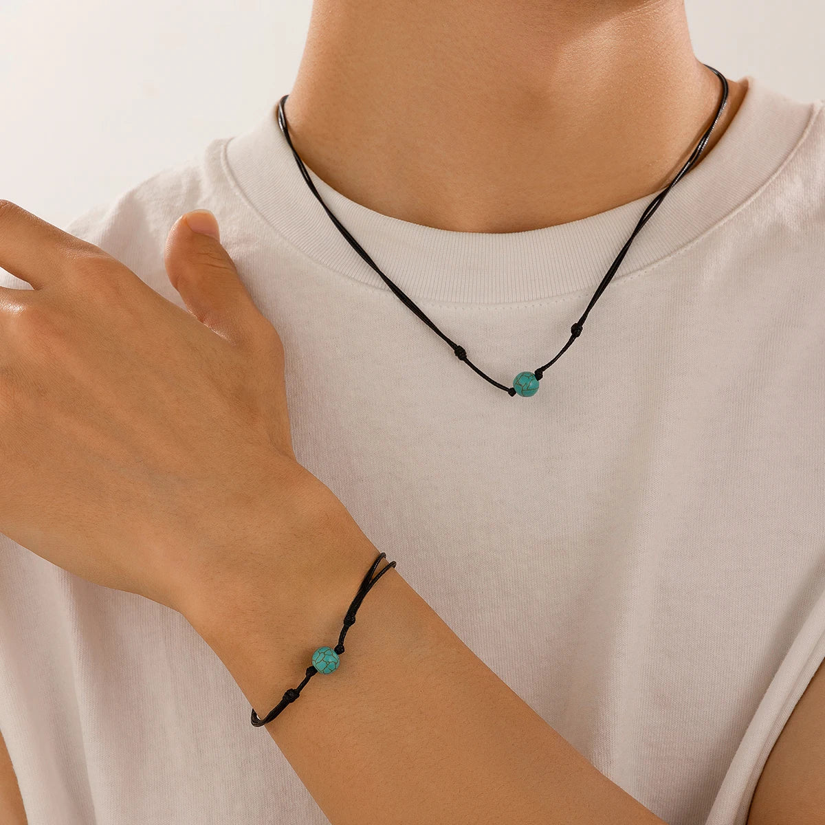 2Pcs Goth Simple Black Leather Wax Thread Chain Necklace Bracelet for African Men Stone Beads Choker Male Jewelry Set