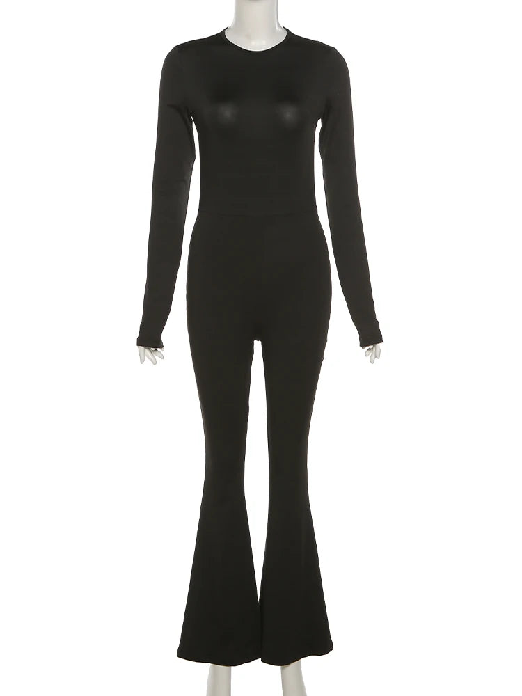 Sexy Women Jumpsuit Backless Flare Spring Trend o-Neck Elegant Skinny Full Sleeve Basic Solid Street Fitness Overalls