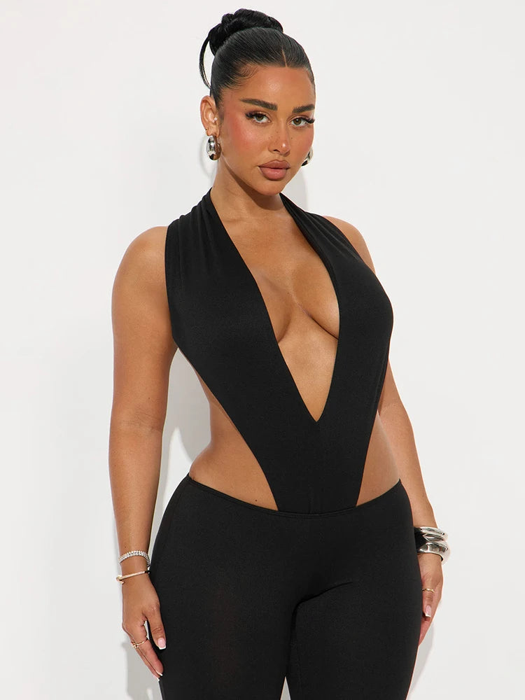 Hipster 2 Piece Set Women Sexy Deep V-Neck Hollow Bandage Bodysuit+Flare Pants Summer Midnight Matching Clubwear Suit