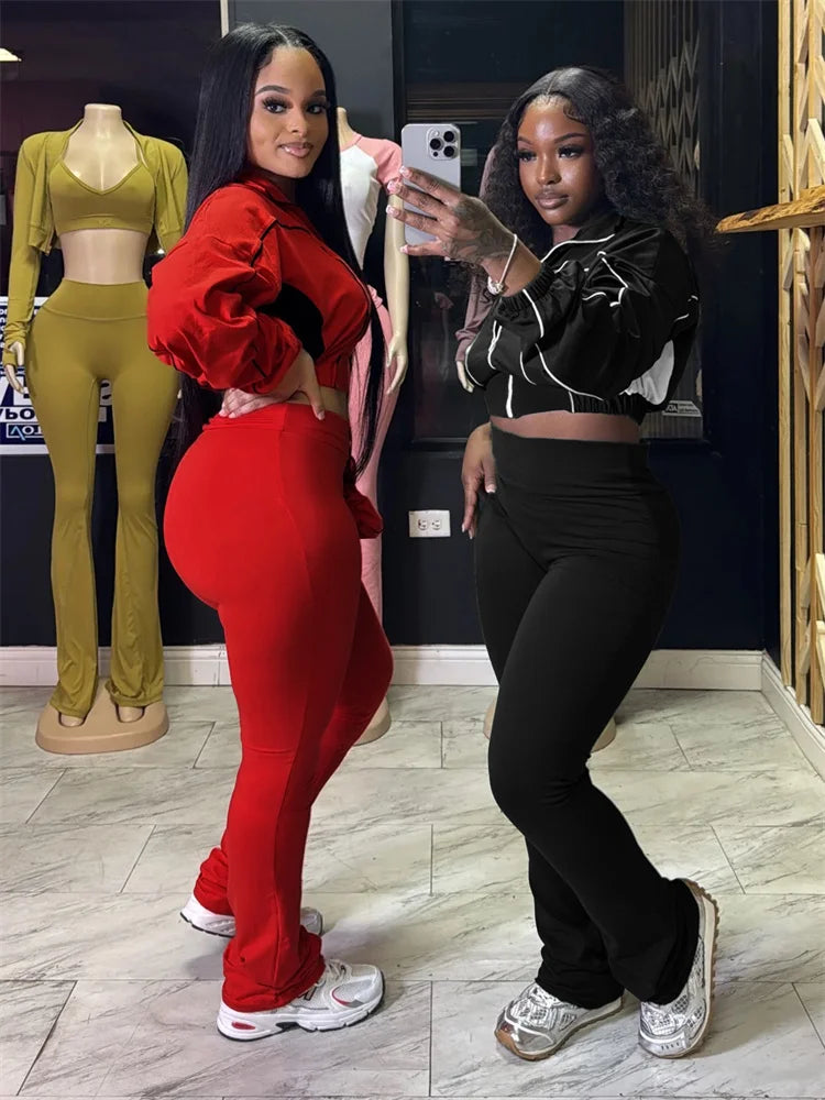 Casual 2 Piece Set Women Tracksuit Patchwork Full Sleeve Zip Elastic Hem Crop Jacket+Flared Pants Sporty Streetwear