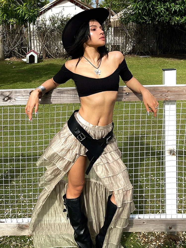 Y2K Tierred Skirts Women Split Patchwork Skinny Hottie Sexy Midnight Music Festival Street Trend Chic Long Bottoms