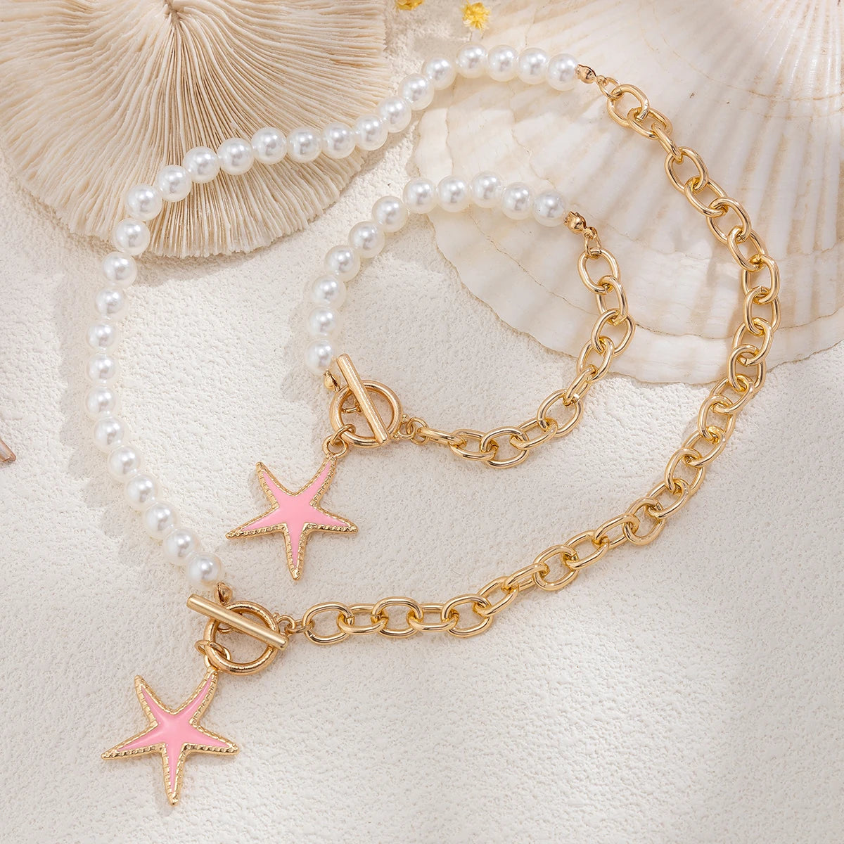 2Pcs Boho Punk Starfish OT Buckle Pendant Choker Necklace Bracelet Women Elegant Imitation Pearl Chain Y2K Jewelry Set
