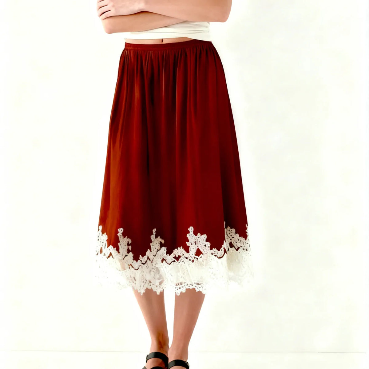 Women Summer Solid Elegant Satin Lace Patchwork Long Skirts High Waist Office Ladies Vacation Midi Skirts Y2K Streetwear