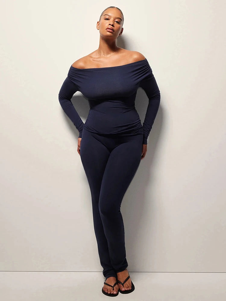 Sporty Tracksuits 2-Piece Set Women Slash Neck Crop Top+Ruched Pants Matching Simple Stretch Skinny Casual Outfits