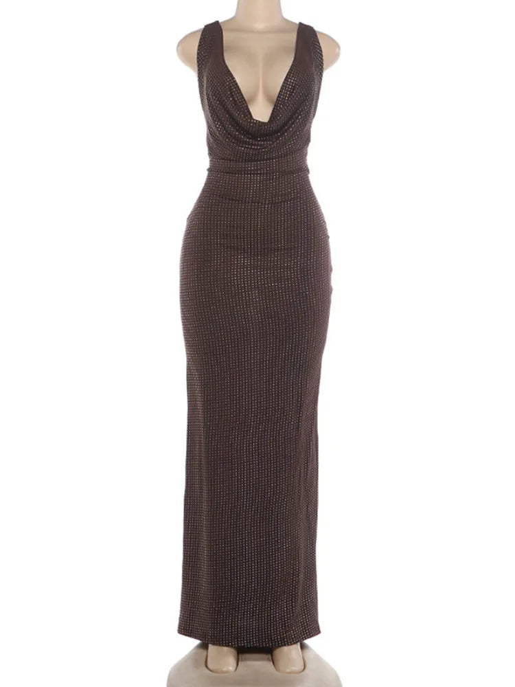 Women Rhinestone Maxi Dress Sleeveless Deep V Neck Backless Bodycon Mermaid Long Dress Evening Party Club Formal Gown