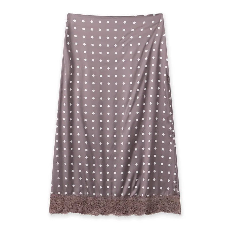 Women Elegant Lace Satin Spliced Midi Skirts Sexy Dots Print High Waist Retro Casual Straight Midi Skirts Y2K Streetwear