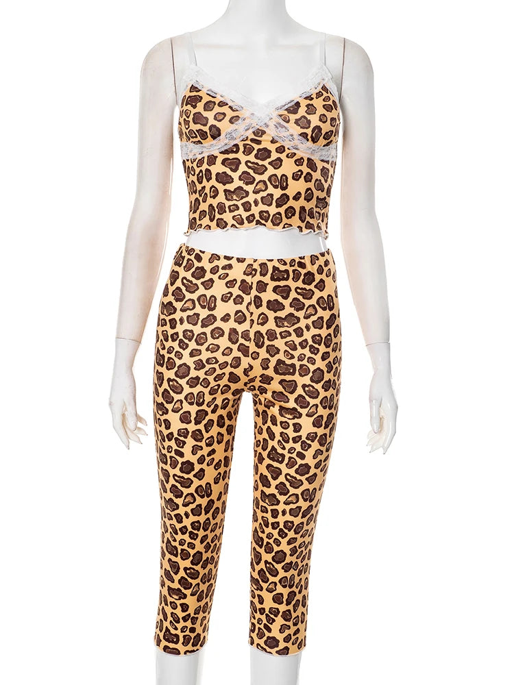 Tracksuit Women 2 Piece Set Casual Leopard Print Y2K Camisole+Mid Pants Tight Stretch Skinny Matching Street Outfits