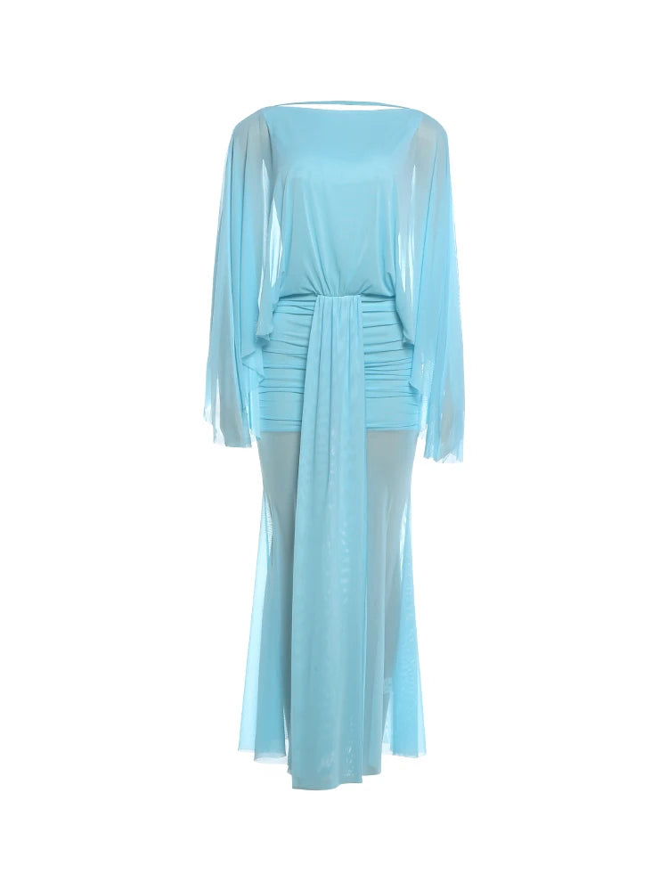 Ruched Elegant Long Dress Woman Autumn Trend Sexy See Through o-Neck Backless Batwing Sleeve Beach Style Vestidos