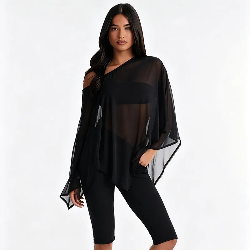 Off Shoulder 3 Piece Capri Set with Sheer Mesh Poncho Top Black Casual Outfits for Woman Fashionable Clothing
