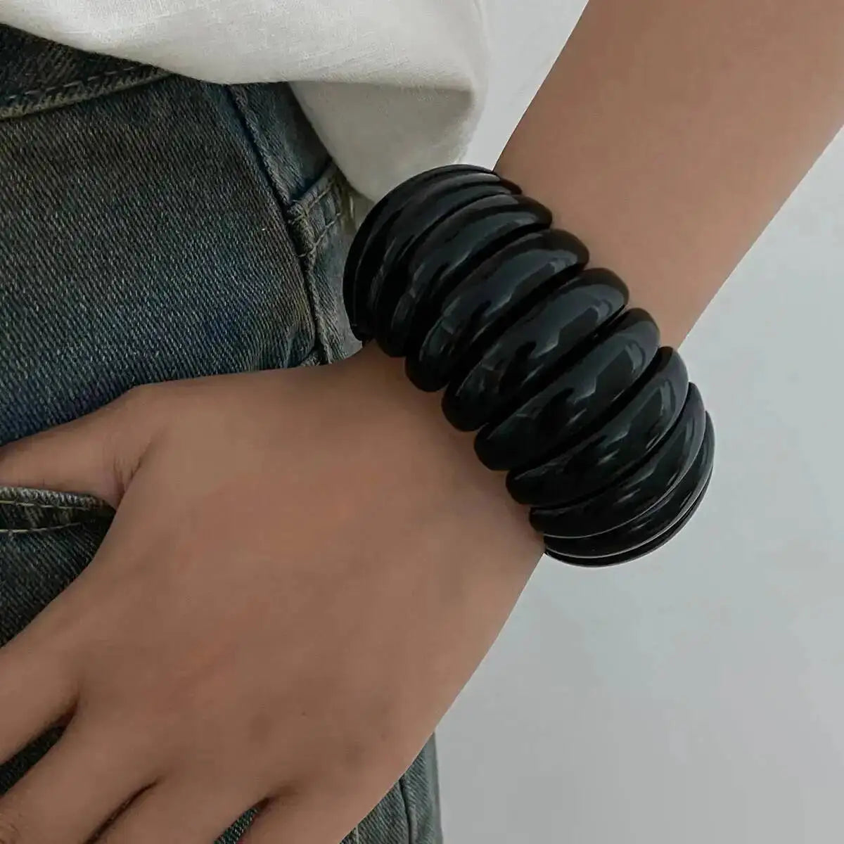 Women's 3-Style Boho Wide Geometric White Resin Cuff Elastic Bangles Set Vintage Punk Y2K Jewelry Gift Set